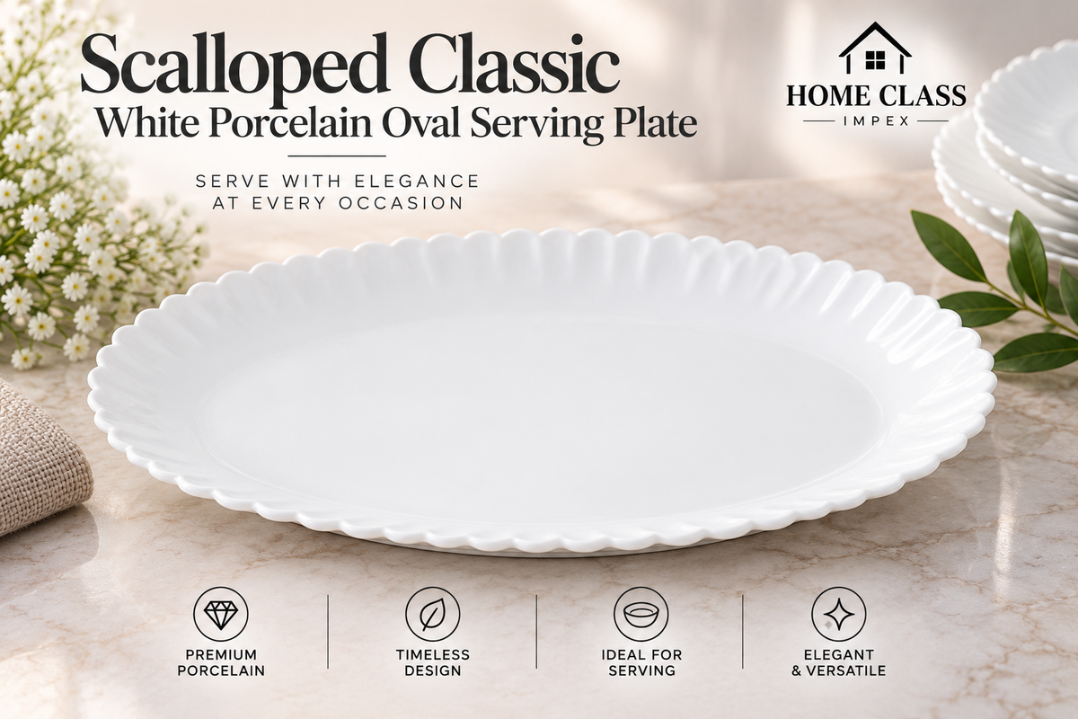 Scalloped Classic White Porcelain Oval Serving Plate 13inch