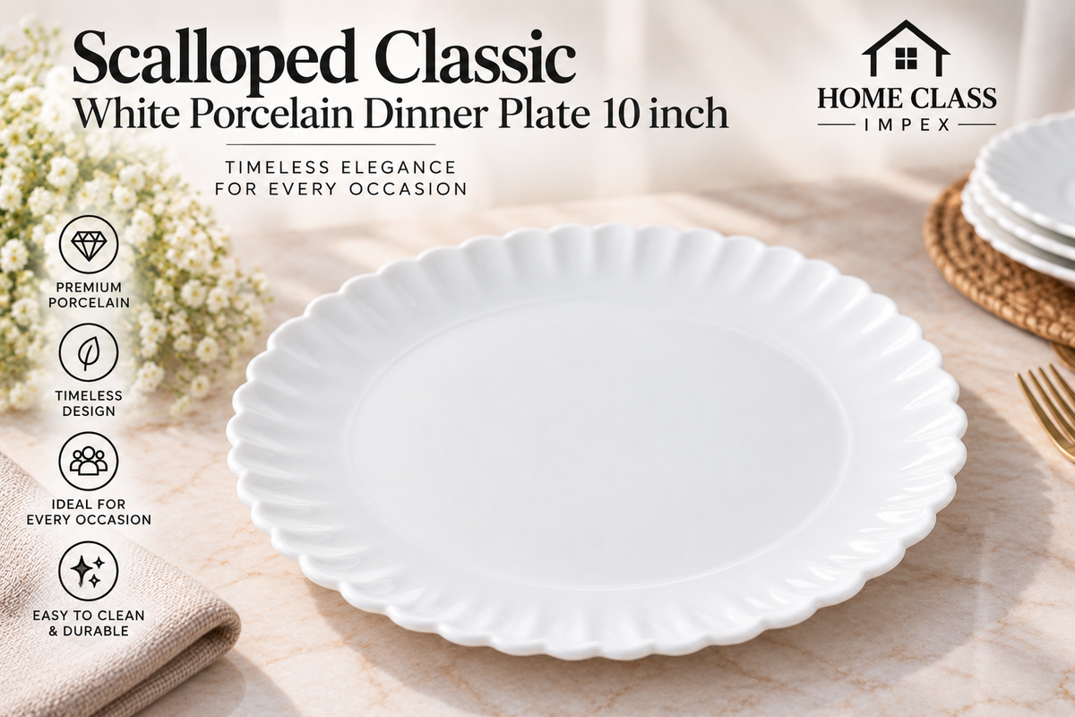 Scalloped Classic White Porcelain Dinner Plate 10inch