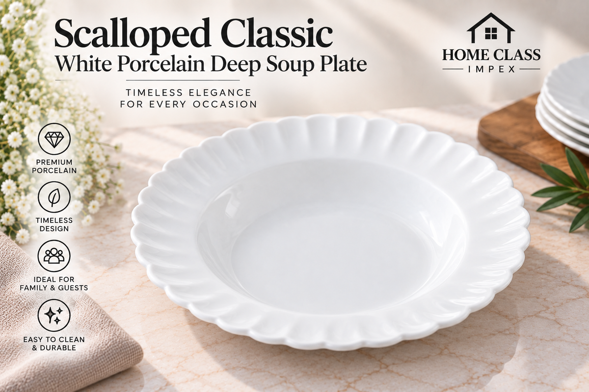 Scalloped Classic White Porcelain Deep Soup Plate 9inch