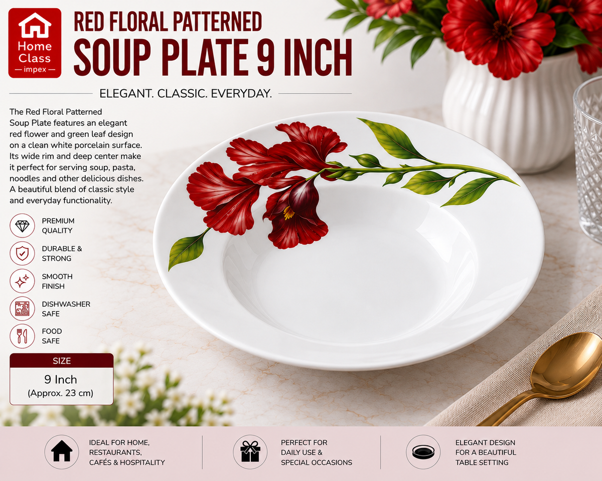 Red Floral Patterned Soup Plate 9inch