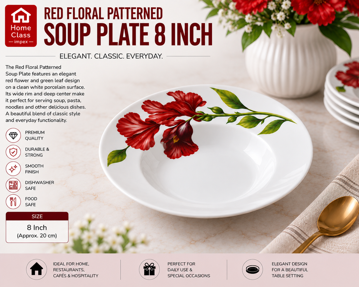 Red Floral Patterned Soup Plate 8inch