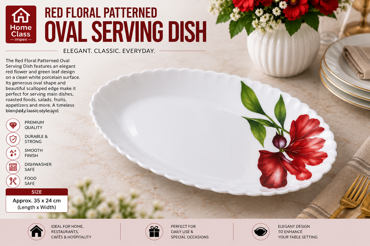 Red Floral Patterned Oval Serving Plate 13inch