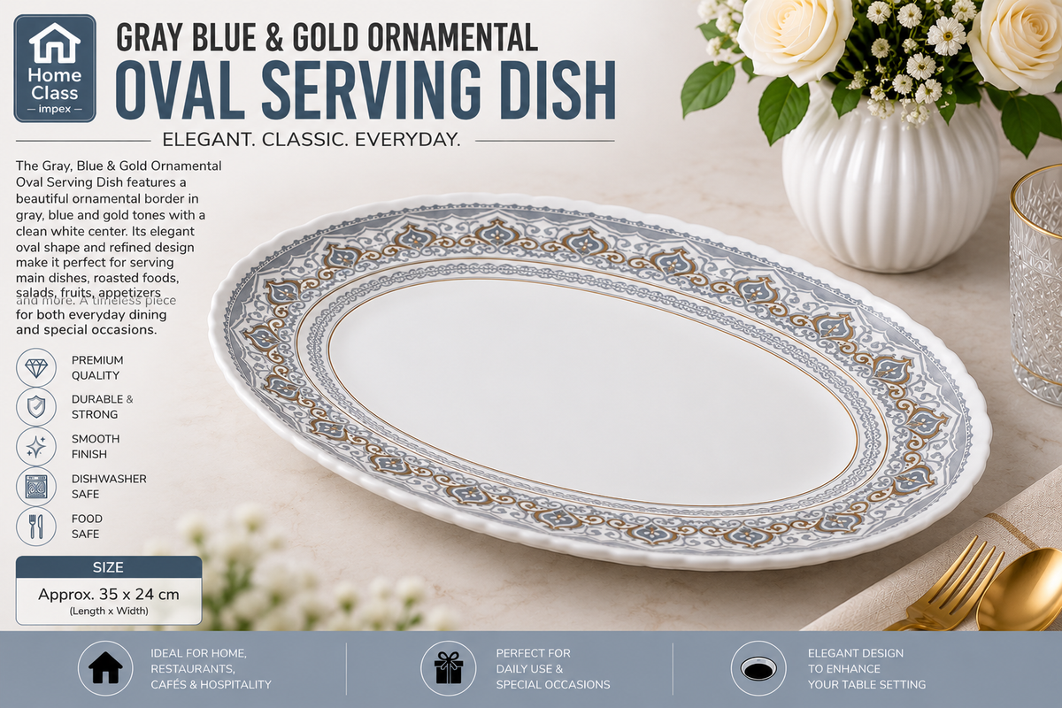 Gray, Blue & Gold Ornamental Oval Serving Plate 13inch