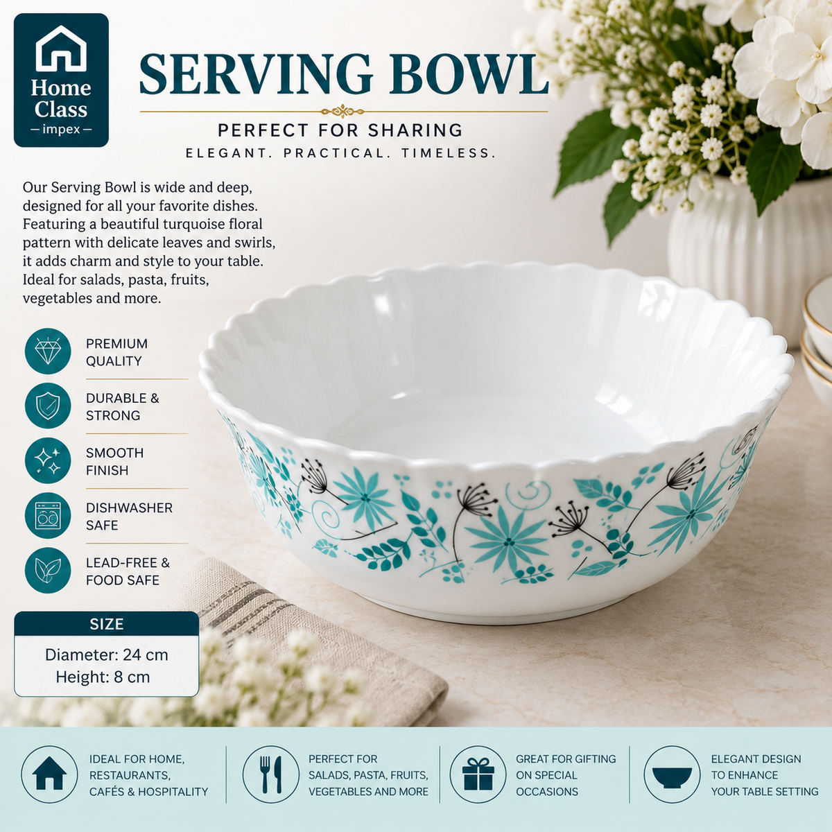 Turquoise Floral Patterned Serving Bowl 7inch