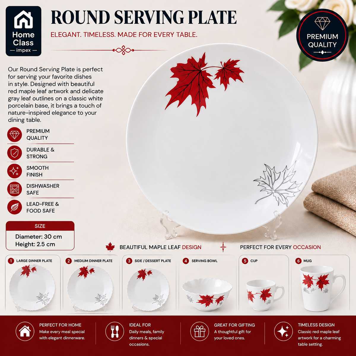 Red Maple Leaf Patterned Porcelain Serving Plate 12inch
