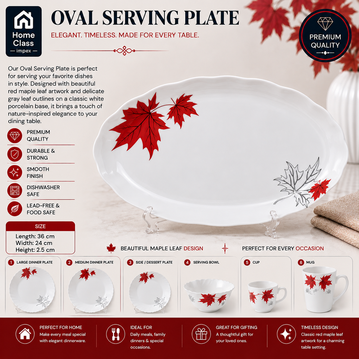 Red Maple Leaf Patterned Oval Serving Plate 13inch
