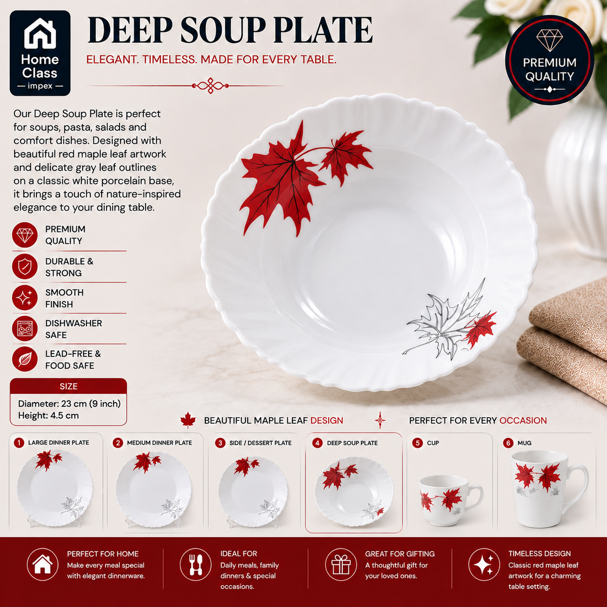 Red Maple Leaf Patterned 9-Inch Deep Soup Plate