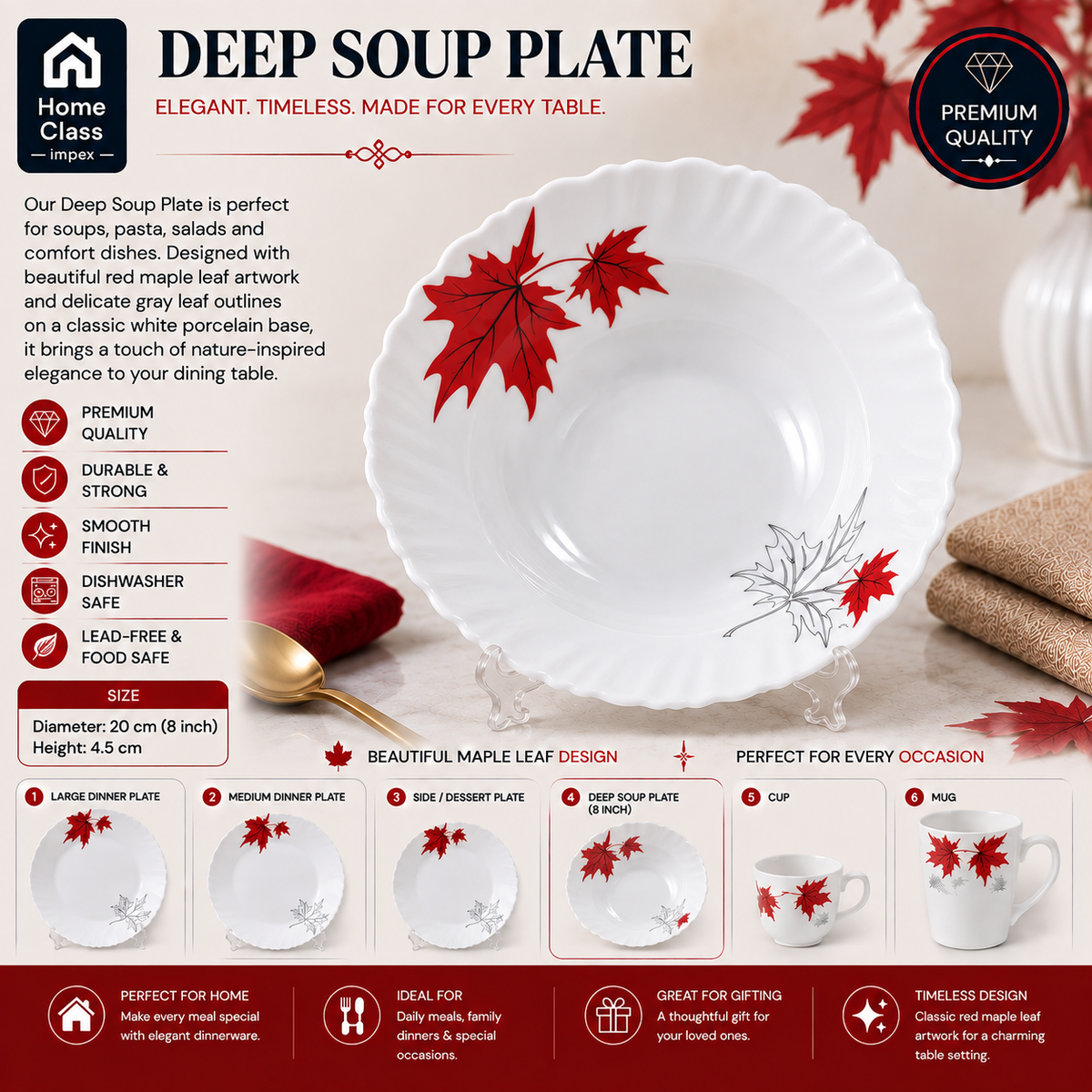 Red Maple Leaf Patterned 8-Inch Deep Soup Plate